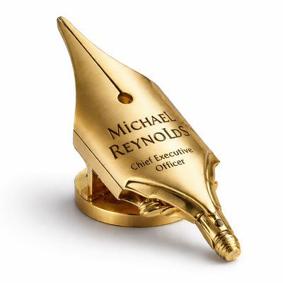 Personalized Brass Desk Plaque, Custom Executive Name Plate, Engraved Fountain Pen Nib Desk Sign, Office Desk Gift