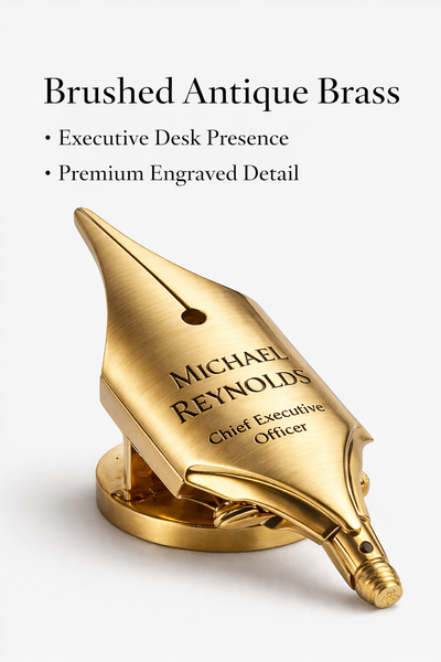 Personalized Brass Desk Plaque, Custom Executive Name Plate, Engraved Fountain Pen Nib Desk Sign, Office Desk Gift