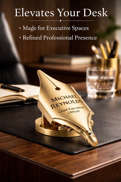 Personalized Brass Desk Plaque, Custom Executive Name Plate, Engraved Fountain Pen Nib Desk Sign, Office Desk Gift