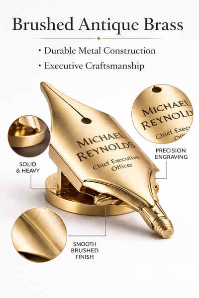 Personalized Brass Desk Plaque, Custom Executive Name Plate, Engraved Fountain Pen Nib Desk Sign, Office Desk Gift