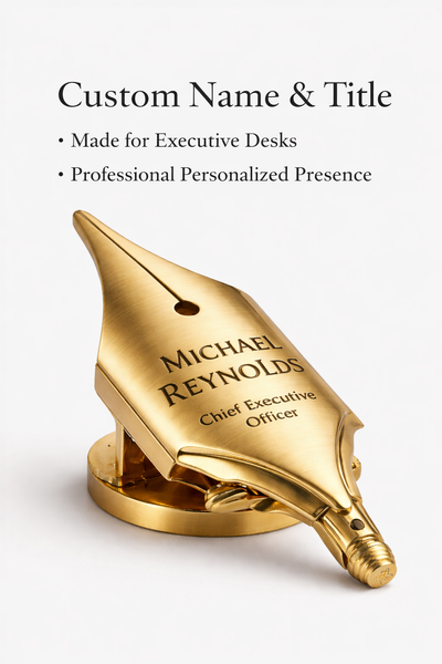 Personalized Brass Desk Plaque, Custom Executive Name Plate, Engraved Fountain Pen Nib Desk Sign, Office Desk Gift