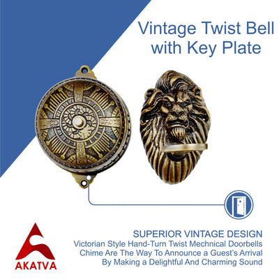 Vintage Twist Bell with Key Plate – Brass Twist Calling Bell – Hand Turn Doorbell - Old Fashioned Door Bell - Antique Brass