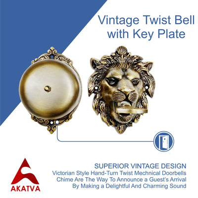 Vintage Twist Bell with Key Plate – Brass Twist Calling Bell – Hand Turn Doorbell - Old Fashioned Door Bell - Antique Brass