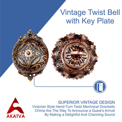 Vintage Twist Bell with Key Plate – Brass Twist Calling Bell – Hand Turn Doorbell - Old Fashioned Door Bell - Antique Copper
