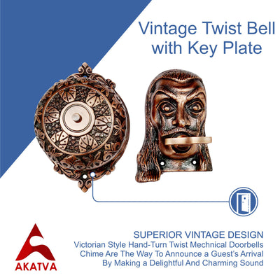 Vintage Twist Bell with Key Plate – Brass Twist Calling Bell – Hand Turn Doorbell - Old Fashioned Door Bell - Antique Copper