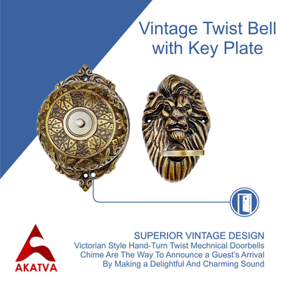 Vintage Twist Bell with Key Plate – Brass Twist Calling Bell – Hand Turn Doorbell - Old Fashioned Door Bell - Antique Brass
