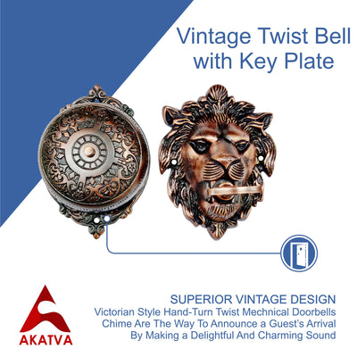 Vintage Twist Bell with Key Plate – Brass Twist Calling Bell – Hand Turn Doorbell - Old Fashioned Door Bell - Antique Copper