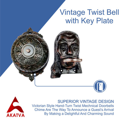 Vintage Twist Bell with Key Plate – Brass Twist Calling Bell – Hand Turn Doorbell - Old Fashioned Door Bell - Oil Rubbed Bronze