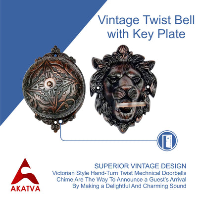 Vintage Twist Bell with Key Plate – Brass Twist Calling Bell – Hand Turn Doorbell - Old Fashioned Door Bell - Oil Rubbed Bronze