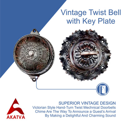 Vintage Twist Bell with Key Plate – Brass Twist Calling Bell – Hand Turn Doorbell - Old Fashioned Door Bell - Oil Rubbed Bronze