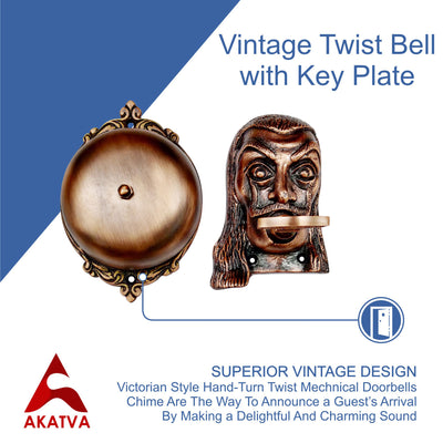 Vintage Twist Bell with Key Plate – Brass Twist Calling Bell – Hand Turn Doorbell - Old Fashioned Door Bell - Antique Copper