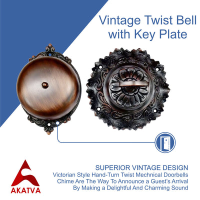 Vintage Twist Bell with Key Plate – Brass Twist Calling Bell – Hand Turn Doorbell - Old Fashioned Door Bell - Oil Rubbed Bronze