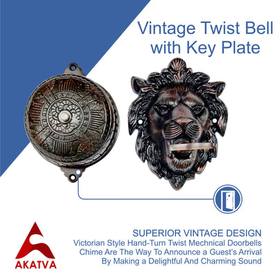 Vintage Twist Bell with Key Plate – Brass Twist Calling Bell – Hand Turn Doorbell - Old Fashioned Door Bell - Oil Rubbed Bronze