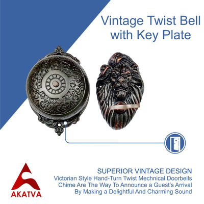 Vintage Twist Bell with Key Plate – Brass Twist Calling Bell – Hand Turn Doorbell - Old Fashioned Door Bell - Oil Rubbed Bronze