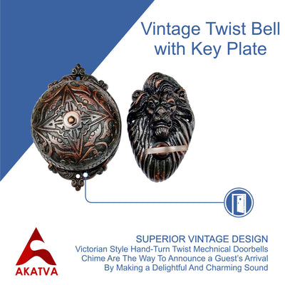 Vintage Twist Bell with Key Plate – Brass Twist Calling Bell – Hand Turn Doorbell - Old Fashioned Door Bell - Oil Rubbed Bronze