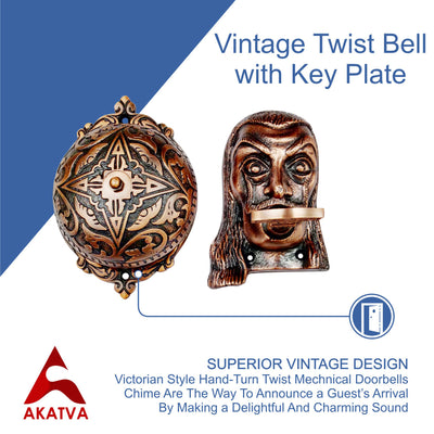 Vintage Twist Bell with Key Plate – Brass Twist Calling Bell – Hand Turn Doorbell - Old Fashioned Door Bell - Antique Copper