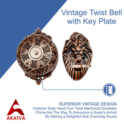 Vintage Twist Bell with Key Plate – Brass Twist Calling Bell – Hand Turn Doorbell - Old Fashioned Door Bell - Antique Copper