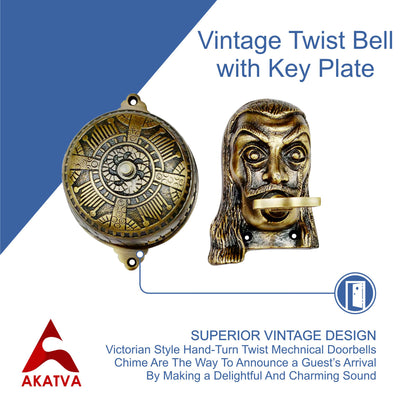 Vintage Twist Bell with Key Plate – Brass Twist Calling Bell – Hand Turn Doorbell - Old Fashioned Door Bell - Antique Brass