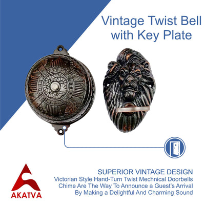 Vintage Twist Bell with Key Plate – Brass Twist Calling Bell – Hand Turn Doorbell - Old Fashioned Door Bell - Oil Rubbed Bronze