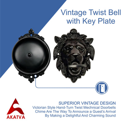 Vintage Twist Bell with Key Plate – Brass Twist Calling Bell – Hand Turn Doorbell - Old Fashioned Door Bell - Antique Black