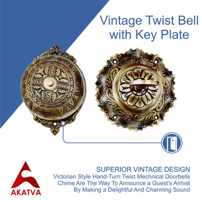 Vintage Twist Bell with Key Plate – Brass Twist Calling Bell – Hand Turn Doorbell - Old Fashioned Door Bell - Antique Brass