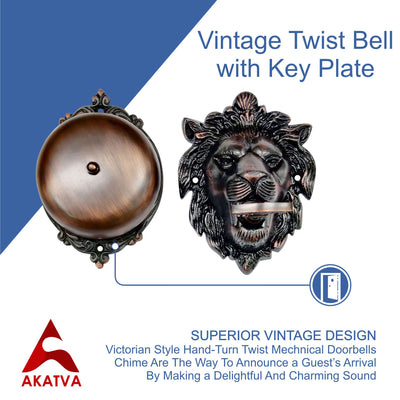Vintage Twist Bell with Key Plate – Brass Twist Calling Bell – Hand Turn Doorbell - Old Fashioned Door Bell - Oil Rubbed Bronze