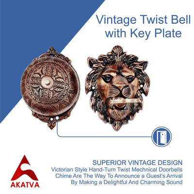 Vintage Twist Bell with Key Plate – Brass Twist Calling Bell – Hand Turn Doorbell - Old Fashioned Door Bell - Antique Copper