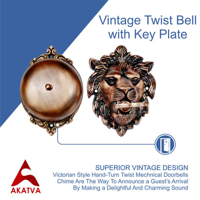 Vintage Twist Bell with Key Plate – Brass Twist Calling Bell – Hand Turn Doorbell - Old Fashioned Door Bell - Antique Copper