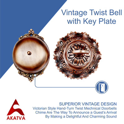 Vintage Twist Bell with Key Plate – Brass Twist Calling Bell – Hand Turn Doorbell - Old Fashioned Door Bell - Antique Copper
