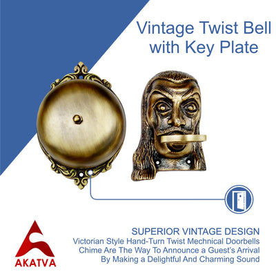 Vintage Twist Bell with Key Plate – Brass Twist Calling Bell – Hand Turn Doorbell - Old Fashioned Door Bell - Antique Brass