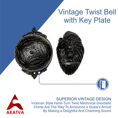 Vintage Twist Bell with Key Plate – Brass Twist Calling Bell – Hand Turn Doorbell - Old Fashioned Door Bell - Antique Black