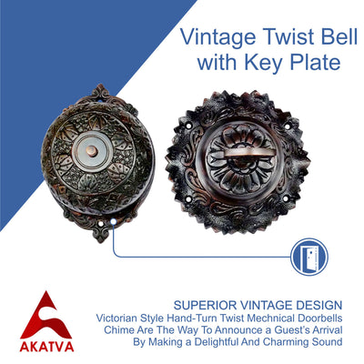 Vintage Twist Bell with Key Plate – Brass Twist Calling Bell – Hand Turn Doorbell - Old Fashioned Door Bell - Oil Rubbed Bronze