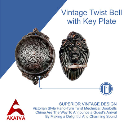 Vintage Twist Bell with Key Plate – Brass Twist Calling Bell – Hand Turn Doorbell - Old Fashioned Door Bell - Oil Rubbed Bronze