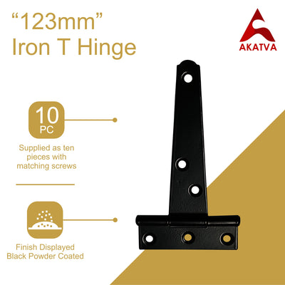 T-Hinge Heavy Duty Gate Hinges for Wooden and Metal Fences, Doors, Cabinets - Set of 10 Pieces - Black Powder Coated