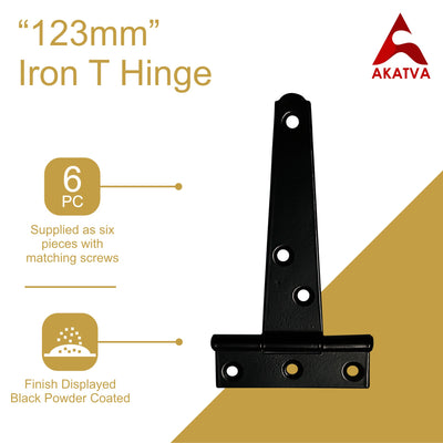 T-Hinge Heavy Duty Gate Hinges for Wooden and Metal Fences, Doors, Cabinets - Set of 6 Pieces - Black Powder Coated