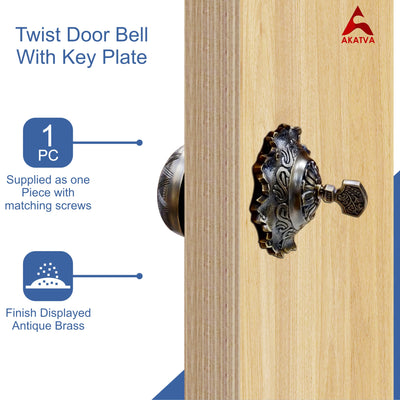 Vintage Twist Bell with Key Plate – Brass Twist Calling Bell – Hand Turn Doorbell - Old Fashioned Door Bell - Antique Brass