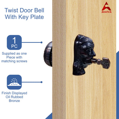 Vintage Twist Bell with Key Plate – Brass Twist Calling Bell – Hand Turn Doorbell - Old Fashioned Door Bell - Oil Rubbed Bronze