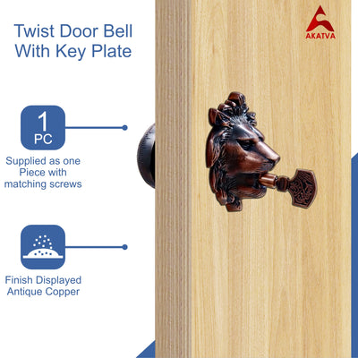 Vintage Twist Bell with Key Plate – Brass Twist Calling Bell – Hand Turn Doorbell - Old Fashioned Door Bell - Antique Copper