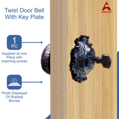 Vintage Twist Bell with Key Plate – Brass Twist Calling Bell – Hand Turn Doorbell - Old Fashioned Door Bell - Oil Rubbed Bronze