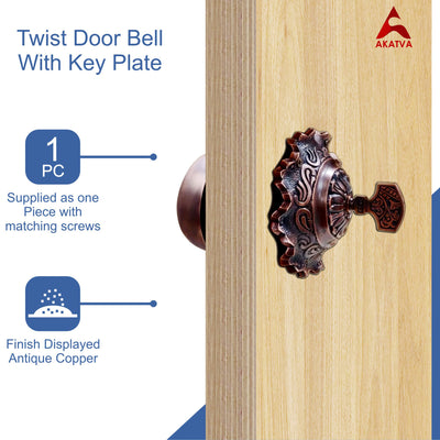Vintage Twist Bell with Key Plate – Brass Twist Calling Bell – Hand Turn Doorbell - Old Fashioned Door Bell - Antique Copper