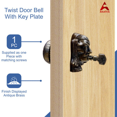 Vintage Twist Bell with Key Plate – Brass Twist Calling Bell – Hand Turn Doorbell - Old Fashioned Door Bell - Antique Brass