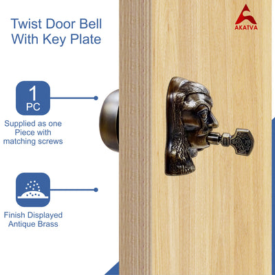 Vintage Twist Bell with Key Plate – Brass Twist Calling Bell – Hand Turn Doorbell - Old Fashioned Door Bell - Antique Brass
