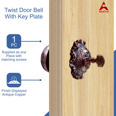 Vintage Twist Bell with Key Plate – Brass Twist Calling Bell – Hand Turn Doorbell - Old Fashioned Door Bell - Antique Copper