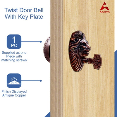 Vintage Twist Bell with Key Plate – Brass Twist Calling Bell – Hand Turn Doorbell - Old Fashioned Door Bell - Antique Copper