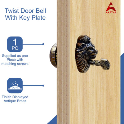 Vintage Twist Bell with Key Plate – Brass Twist Calling Bell – Hand Turn Doorbell - Old Fashioned Door Bell - Antique Brass