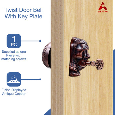 Vintage Twist Bell with Key Plate – Brass Twist Calling Bell – Hand Turn Doorbell - Old Fashioned Door Bell - Antique Copper