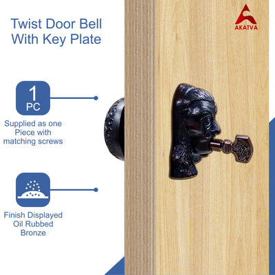 Vintage Twist Bell with Key Plate – Brass Twist Calling Bell – Hand Turn Doorbell - Old Fashioned Door Bell - Oil Rubbed Bronze
