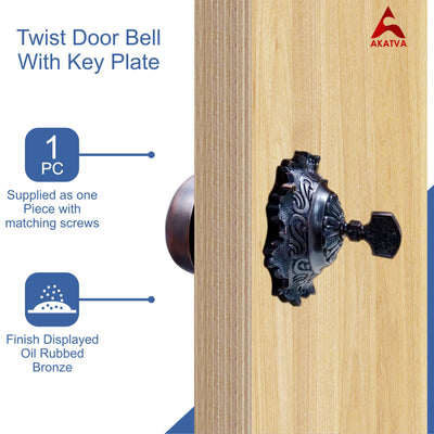 Vintage Twist Bell with Key Plate – Brass Twist Calling Bell – Hand Turn Doorbell - Old Fashioned Door Bell - Oil Rubbed Bronze