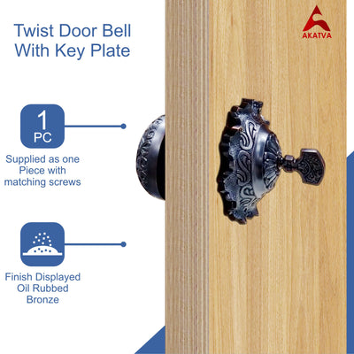 Vintage Twist Bell with Key Plate – Brass Twist Calling Bell – Hand Turn Doorbell - Old Fashioned Door Bell - Oil Rubbed Bronze