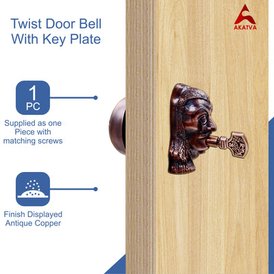 Vintage Twist Bell with Key Plate – Brass Twist Calling Bell – Hand Turn Doorbell - Old Fashioned Door Bell - Antique Copper
